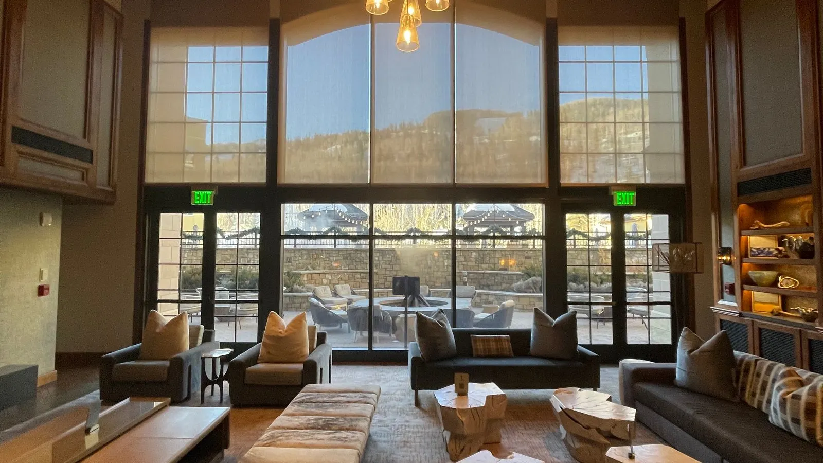Cosy hotel lobby with a panoramic mountain view