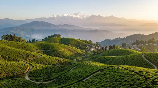 Lush green tea plantations in Darjeeling at sunrise with snow-capped Himalayan peaks in misty morning light
