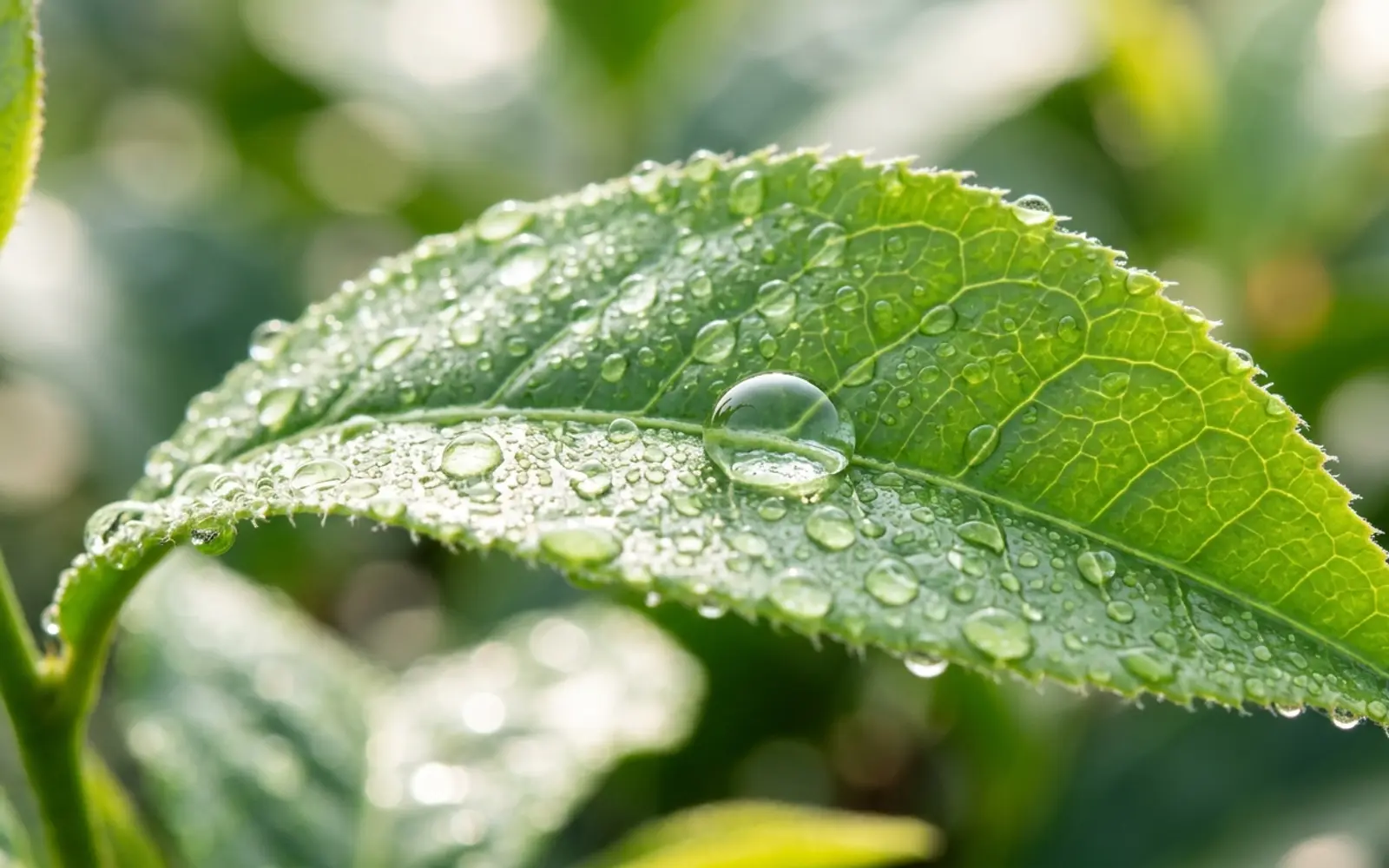 Macro close up of a vibrant green tea leaf with delicate water droplets